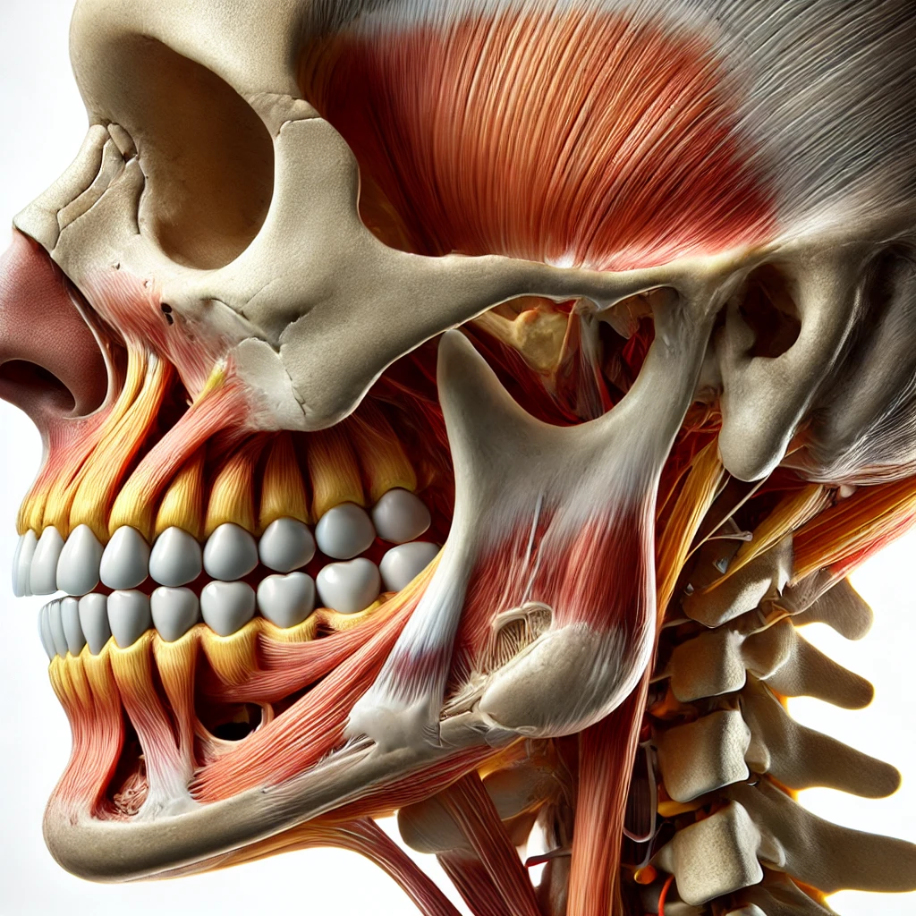 DALL·E 2024 08 31 17.53.50 A detailed anatomical illustration of the human jaw focusing on the temporomandibular joint TMJ in a side view. The image should clearly depict the