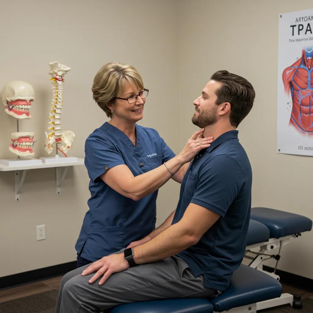 Chiropractor examining a patient for TMJ relief in a calming clinic environment