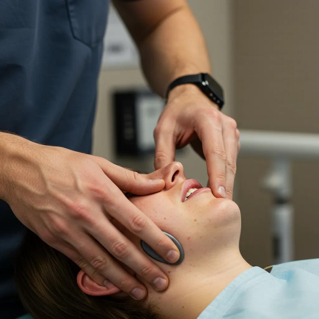 Chiropractor performing a high-velocity adjustment on a patient, highlighting TMJ treatment techniques