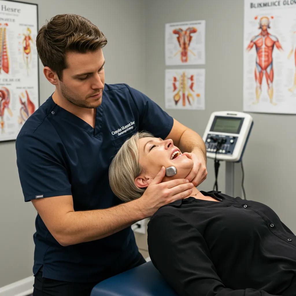 Chiropractor performing a manual jaw adjustment technique for TMJ relief
