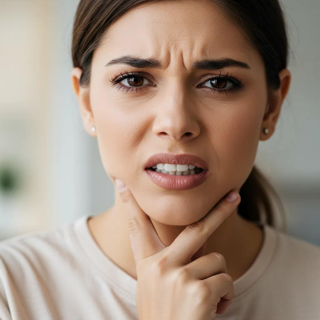 Young woman experiencing common TMJ symptoms, illustrating jaw pain and discomfort